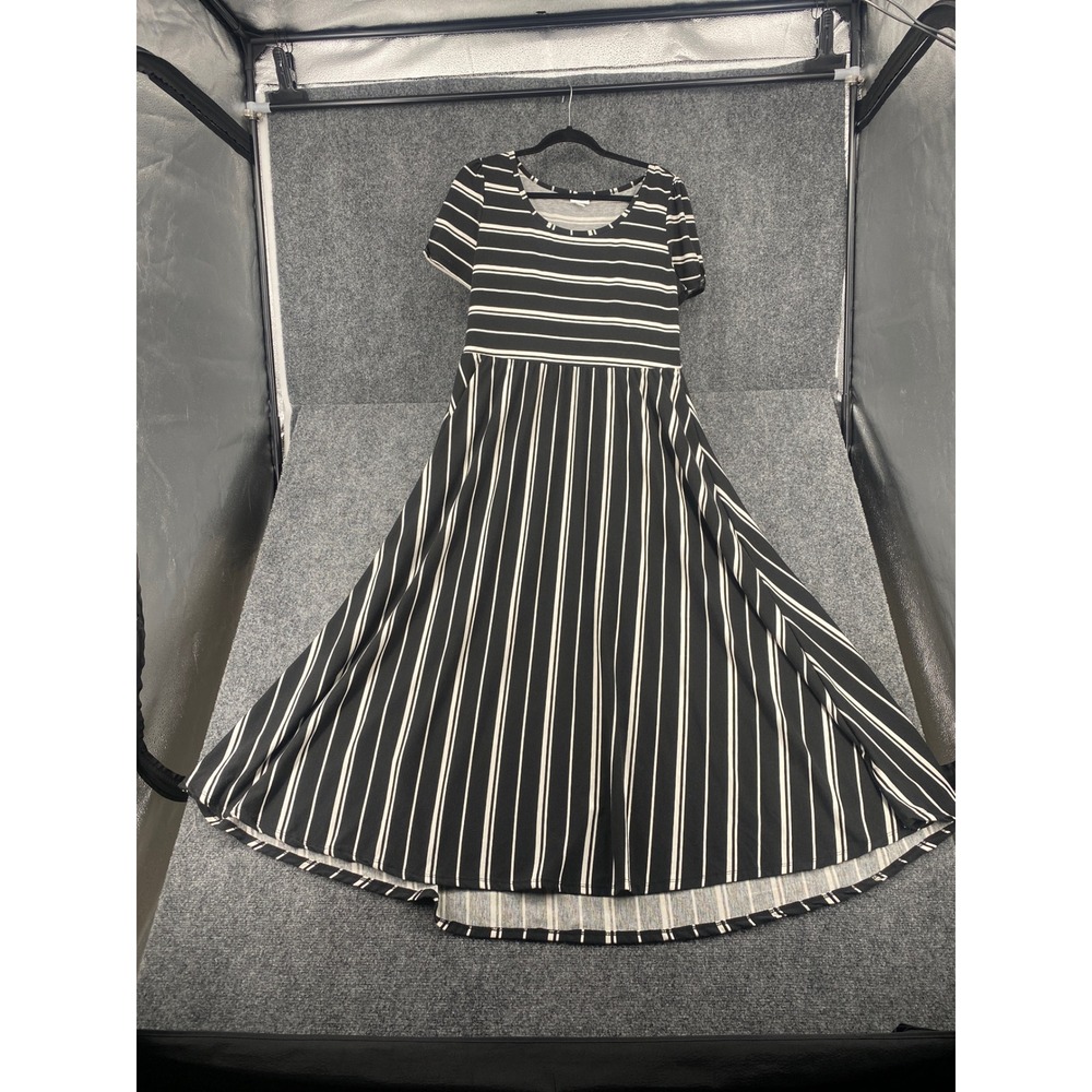 LuLaRoe Nicole Maxi Dress Womens XL Black White Striped Fit Flare Short Sleeve